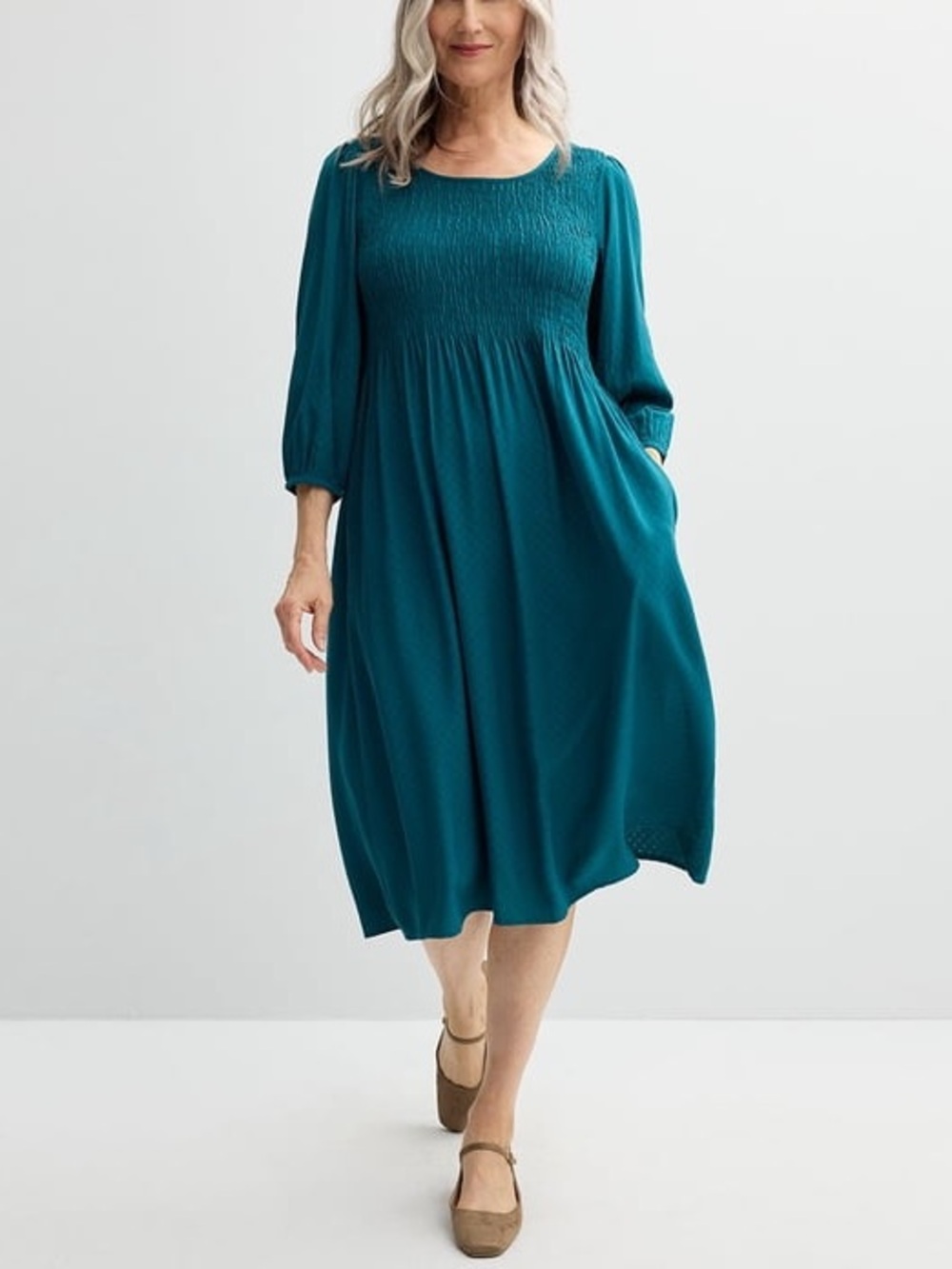 Croft & Barrow Smocked Challis Dress Emerald Green Midi Cottagecore Peasant 1X